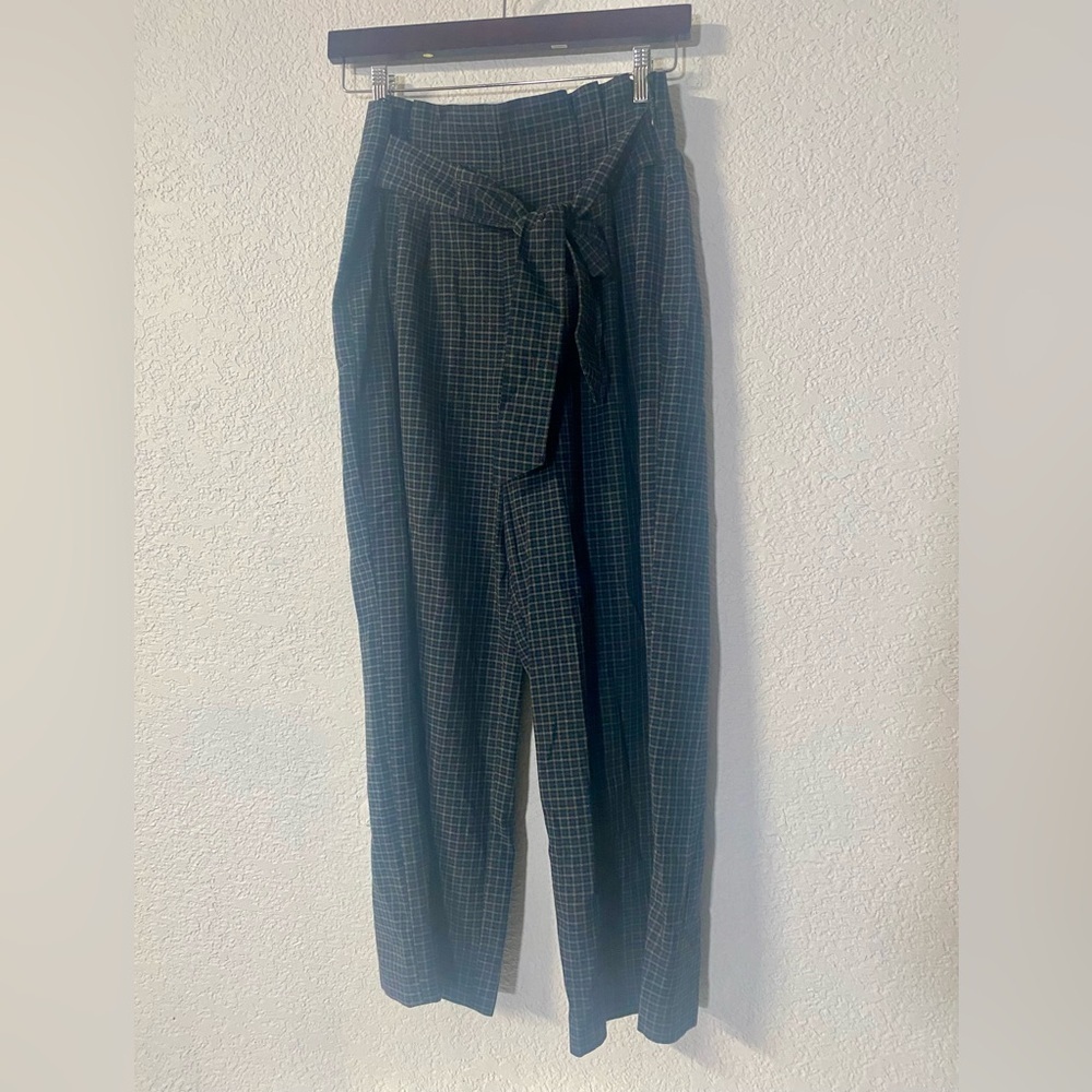 Zara plaid blue/ green high waisted tie bow pant trousers cropped size medium